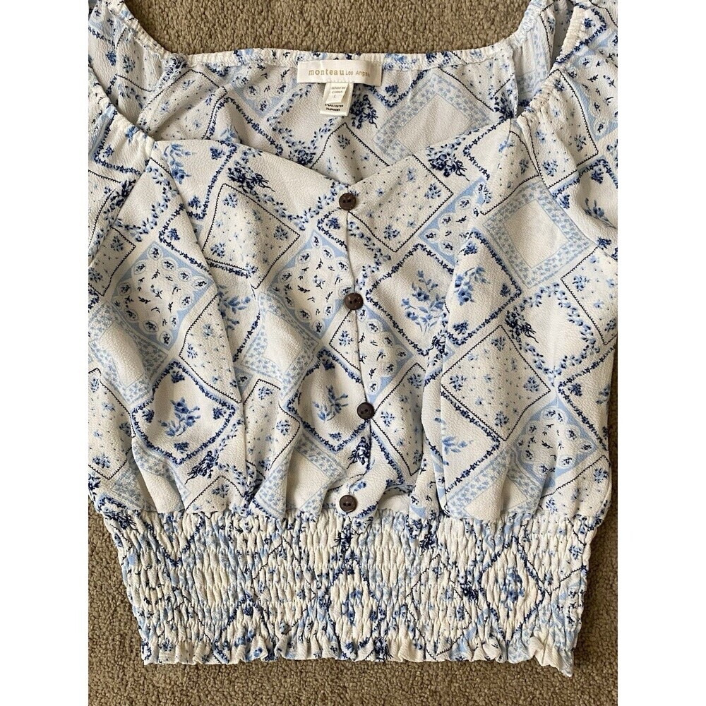 Monteau Los Angeles Blue & White Patchwork Floral Flutter Sleeve Crop Top Size L - Picture 3 of 11